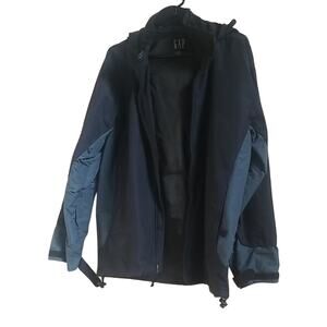 GAP Men's Long Rain Coat Zipp Hoodie Pockets Black Blue Size S